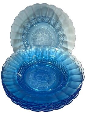 Vintage 1980s KIG Indonesia Ice Blue Flower Dinner Plates/Bowls Set (6)